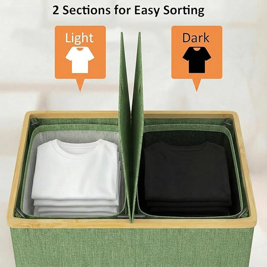 efluky Laundry Hamper with Lid, Double Laundry Hamper with 2 Removable Bags, 2 Section Laundry Basket with Bamboo Handles for Bathroom, Bedroom & Laundry Room,140L Green