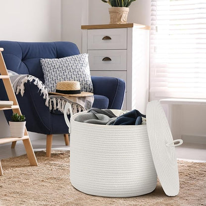 18" X 18" X 14" Extra Large White Basket with Lid, Woven Cotton Rope Basket for Blankets for Living Room, Kids Toy Storage Bin, Wicker Bathroom Towel Storage, All White Bins for Organizing
