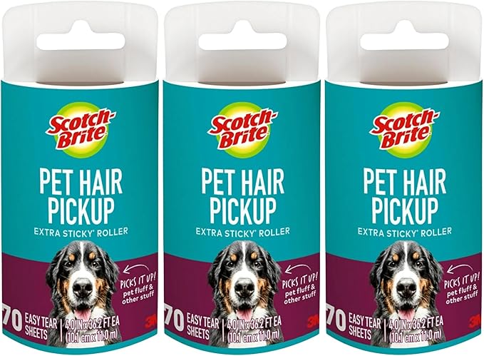 Scotch-Brite Pet Hair Pickup Extra Sticky Lint Roller Refills, 50% Stickier, Scotch Brand Adhesive, 4 in x 36.2 ft Each, 70 Sheets Per Refill, 3 Pack (210 Total Sheets)