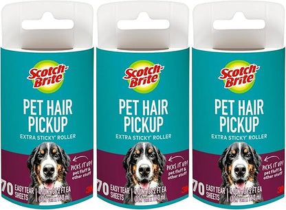 Scotch-Brite Pet Hair Pickup Extra Sticky Lint Roller Refills, 50% Stickier, Scotch Brand Adhesive, 4 in x 36.2 ft Each, 70 Sheets Per Refill, 3 Pack (210 Total Sheets)