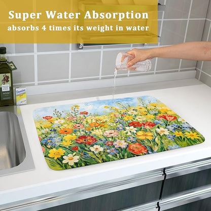 Spring Summer Floral Dish Drying Mat for Kitchen Counter 18x24 Green Yellow Blue Flower Wildflower Print Absorbent Reversible Microfiber Drying Mats Kitchen Countertop Protector Dishes Drainer Pad