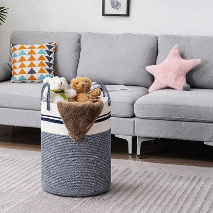 YOUDENOVA Woven Rope Laundry Hamper Basket, 72L Tall Laundry Basket, Baby Nursery Hamper for Blanket Storage in Bedroom-Large-Blue