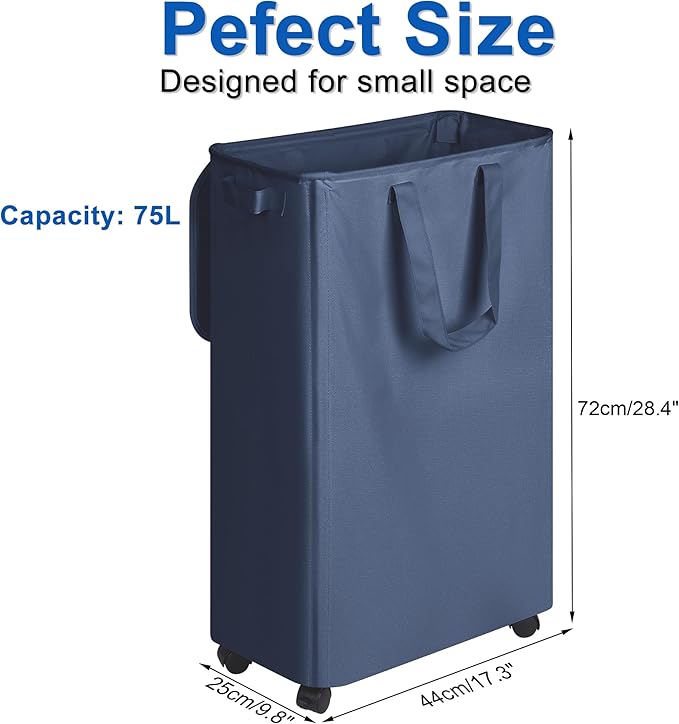 Slim Laundry Hamper with Lid and Wheels, Small Rolling Laundry Basket with Handle for Small Spaces, Tall Dirty Clothes Hampers for Dorm, Bathroom and Bedroom, 75L, Blue