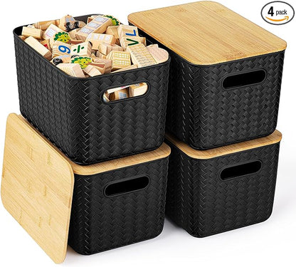 4 Packs Storage Bins with Bamboo Lids - Plastic Storage Containers with Lids Stackable Storage Box: Storages Baskets for Organizing Desktop Closet Playroom Classroom Office, Black