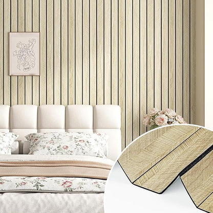 Wallercity Light Brown Wood Slat Acoustic Panels for Stylish Decor Noise Reduction 3D Textured Wood Grain Paneling for Ceiling Walls Peel & Stick Wooden Wall Panels for Background Bedroom 11.7''x118''