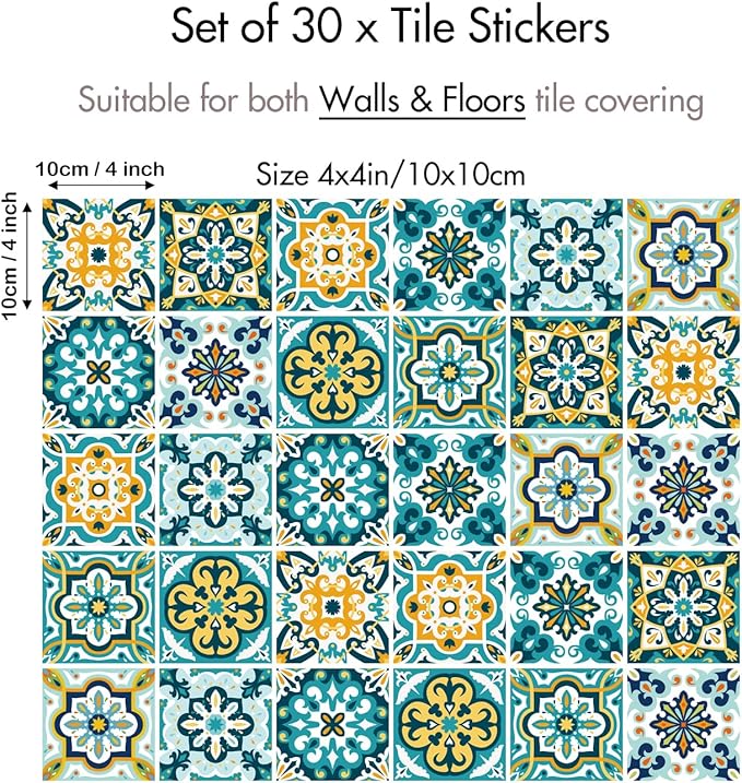 30Pcs Bohemian Self-Adhesive Wall Sticker, Floral Pattern, Peel and Paste, Waterproof Living Room Kitchen Bedroom Wall Sticker, Tile Wall Sticker, Home Wall Decor, 4x4 Inch