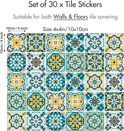 30Pcs Bohemian Self-Adhesive Wall Sticker, Floral Pattern, Peel and Paste, Waterproof Living Room Kitchen Bedroom Wall Sticker, Tile Wall Sticker, Home Wall Decor, 4x4 Inch