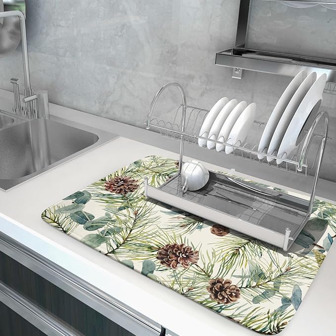 Winter Christmas Dish Drying Mat for Kitchen Counter 18x24 Evergreen Leaves Pinecone Holiday Theme Absorbent Reversible Microfiber Drying Mats Kitchen Countertop Protector Dishes Drainer Pad