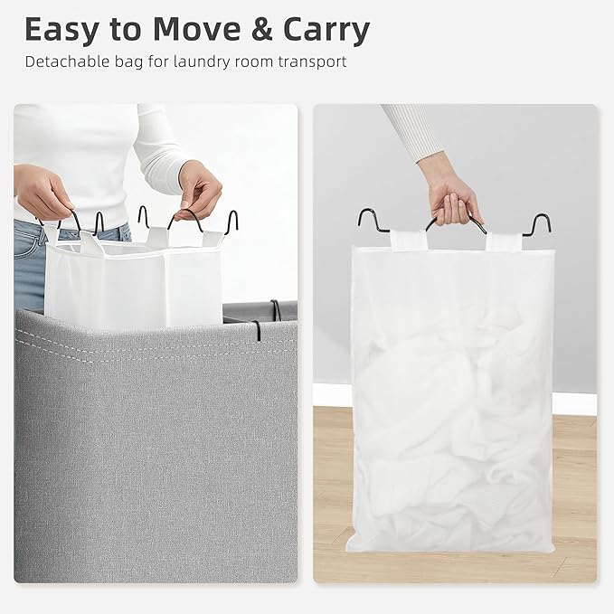 STORAGE MANIAC Triple Laundry Hamper with Lid, 180L Tall Metal Frame Laundry Baskets with Removeable Bag, Large Clothes Hamper with PU Tag, Laundry Bin for Dorm, Collage, Bathroom, Bedroom, Gray