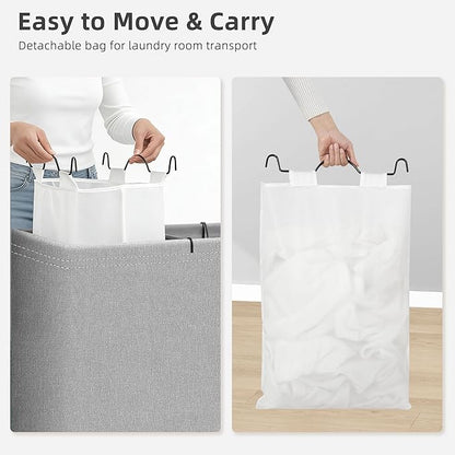 STORAGE MANIAC Triple Laundry Hamper with Lid, 180L Tall Metal Frame Laundry Baskets with Removeable Bag, Large Clothes Hamper with PU Tag, Laundry Bin for Dorm, Collage, Bathroom, Bedroom, Gray