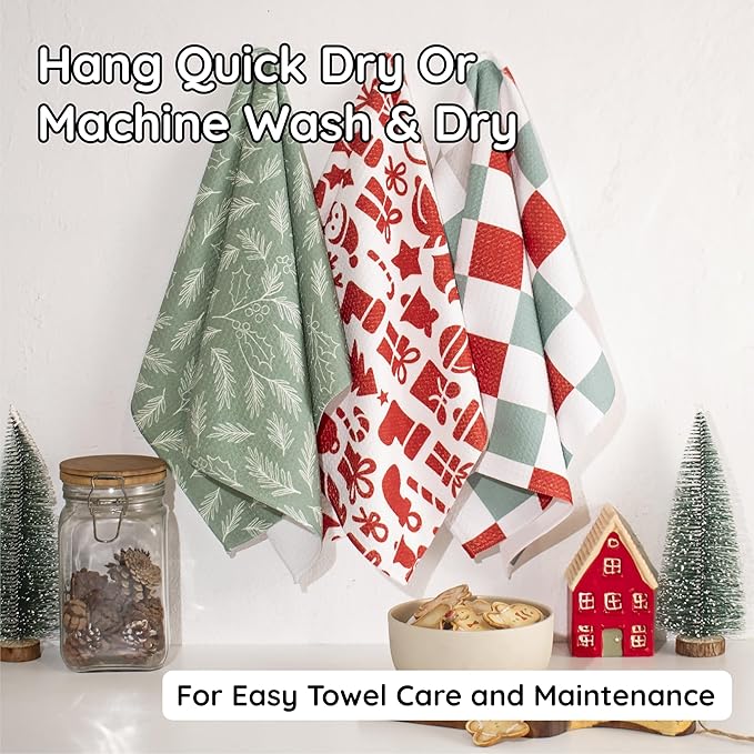 Christmas Kitchen Towels Set of 3 Minty Xmas – Microfiber Waffle Weave Dish Towels 16x24, Super Absorbent & Lint-Free Holiday Kitchen Towels for Drying, Cleaning & Christmas Décor