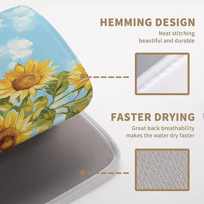 Summer Sunflower Dish Drying Mat for Kitchen Counter Watercolor Rustic Sunflowers Kitchen Dishes Dryer Pad Absorbent Matt Microfiber Washable Foldable Reusable Large 18x24 in