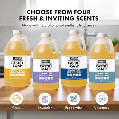 HARRIS Multi-Purpose Pure Liquid Castile Soap for Home Cleaning, Multi-Purpose Cleaner, For Dish Soap, Laundry Detergent, Kitchen and Bathroom Surfaces, Kids Rooms, Unscented, 64 Oz