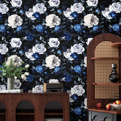Black Foral Wallpaper Peel and Stick Dark Blue White Rose Contact Paper 17.4" x 393", Self-Adhesive Removable Vintage Flower Wall Paper for Bedroom Countertop Desk Cabinets Decor Renter Friendly