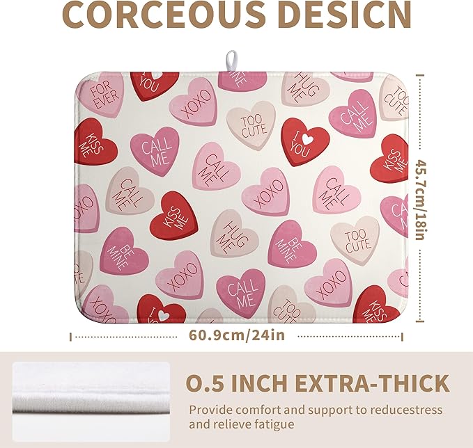 Valentine Love Heart Dish Drying Mat for Kitchen Counter 18x24 Inch Valentines Day Dish Mats Absorbent Microfiber Dish Draining Mat Reversible Dish Drying Rack Mat with Hanging Loop