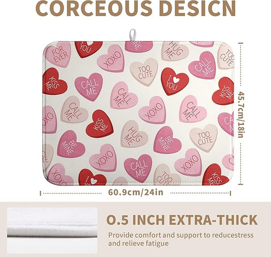 Valentine Love Heart Dish Drying Mat for Kitchen Counter 18x24 Inch Valentines Day Dish Mats Absorbent Microfiber Dish Draining Mat Reversible Dish Drying Rack Mat with Hanging Loop