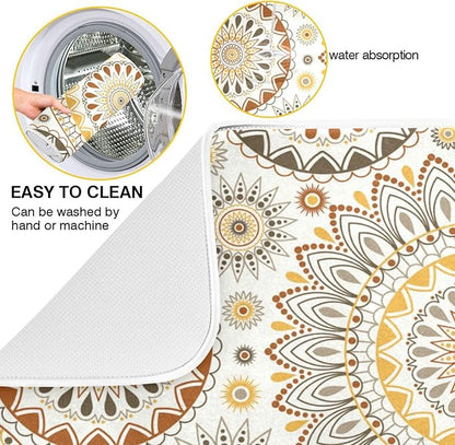 Mandala Ethnic Bohemian Ornament Dish Drying Mat for Kitchen Counter Absorbent Microfiber Drying Pad, Medium 16x18 in, Reversible Drainer Mats