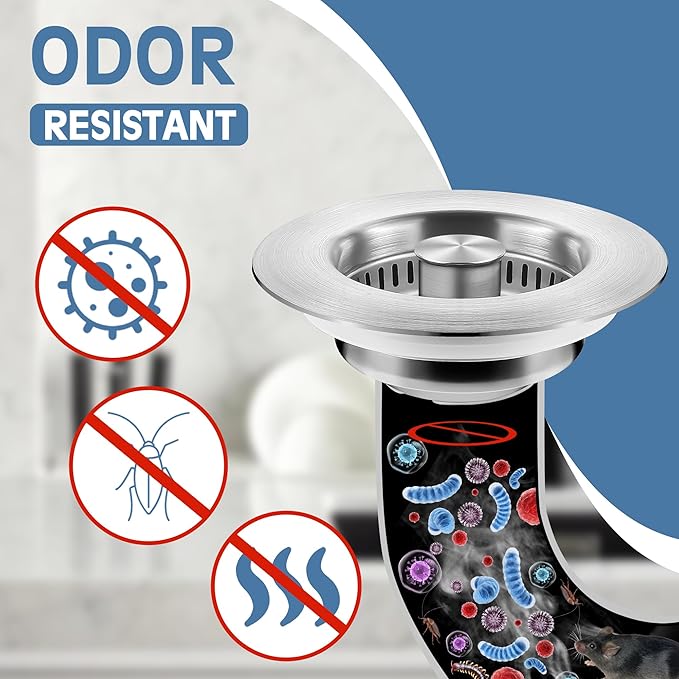 Kitchen Sink Drain Strainer 3 Pack, 304 Stainless Steel Pop Up Sink Stopper, Anti-Clogging Sink Drain Strainer for US Standard Kitchen Drain (SUS304 Brushed)