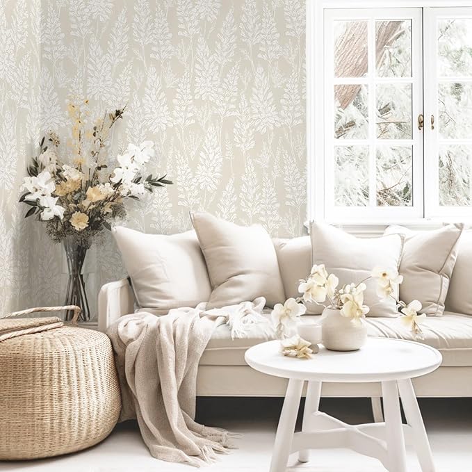 Ismoon Floral Peel and Stick Wallpaper Boho Beige Contact Paper 17.3" x 393" Neutral Wallpaper Renter Friendly Removable Self-Adhesive Wall Paper for Bedroom Kitchen Wall Decor Vinyl