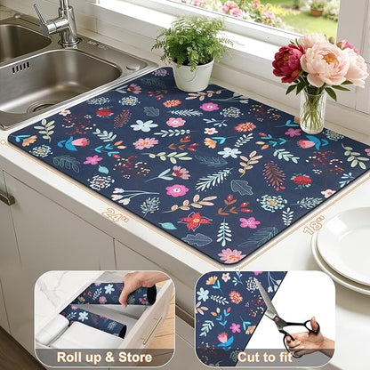 LOKHOM Dish Drying Mat for Kitchen Counter, 18"x24" Absorbent Coffee Bar Mat with Colorful Floral, Vintage Dish Drainer Rack Mat