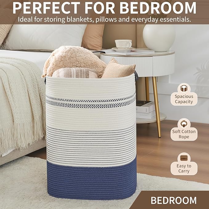 Large Laundry Basket - Tall Woven Rope Laundry Hamper with Leather Handles - Dirty Clothes hamper for Living room, Bedroom, 17" X 13.8" X 22", Dark Blue & White