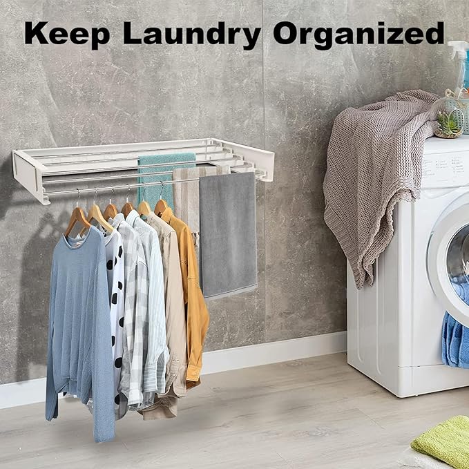 Wall Mounted Drying Rack, Clothes Drying Rack Foldable, 31.5" Laundry Racks for Drying Clothes Collapsible Drying Racks for Laundry with 2 Towel Handles and Wall Template for Indoor Outdoor