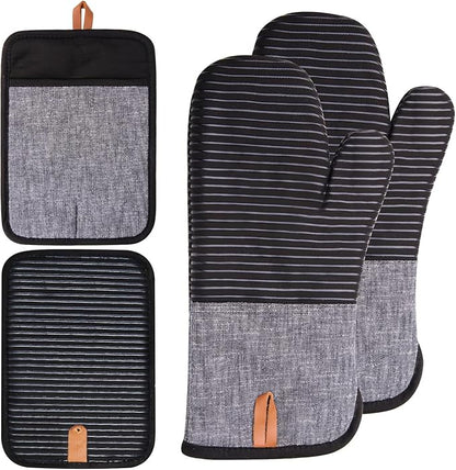4PCS TIPTAP Oven Mitts, Kitchen Oven Mitts Set, Non Slip Cotton Oven Mitt and Pot Holders,Heat Resistant, Machine Washable,2 Long Mit and 2 Pot Holder(Black)
