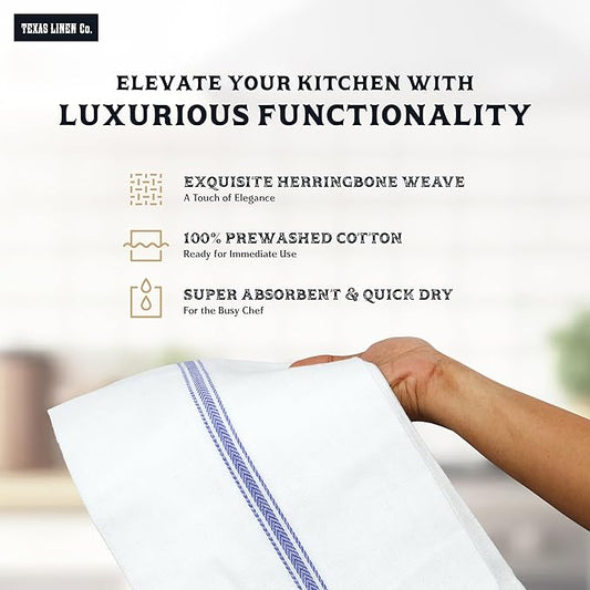 TEXAS LINEN CO. Cotton Kitchen Towels 12 Pack - 15 x 25 Inches - Highly Absorbent Dish Towels for Kitchen Drying, Soft Durable Reusable Quick Dry Tea, Kitchen and Dish Cloths Set - Blue Stripe