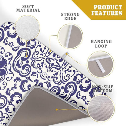 Boho Ethnic Design Dish Drying Mat for Kitchen Counter,Blue Bohemian Mandala Drying Mat 18 x 24 Inch with High Absorbent Reversible Microfiber Dish Drying Pad Dish Rack Pad Drainer Mat for Coffee Bar