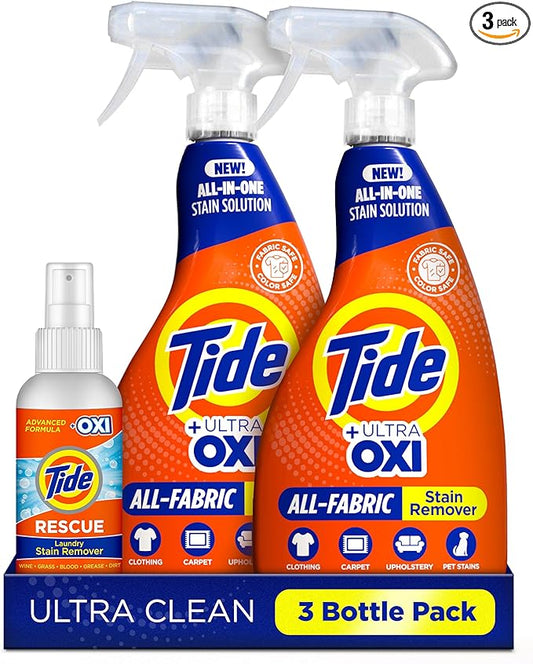 Tide Laundry Stain Remover Spray with Oxi | Stain Remover for Clothes, Carpet, Upholstery, Pet Bedding | Stain Treater Spray for Tough Stains from Wine, Coffee, Grease | 22 Fl Oz (Pack of 2) & 3 Fl Oz