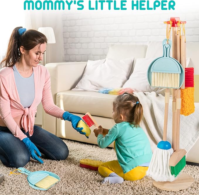 Kids Cleaning Set, 8 Pcs Wooden Housekeeping Play Set Includes Broom Mop Duster Dustpan Brushes Rag and Organizing Stand, Cleaning Toys Gift for Toddlers Girls Boys Age 3-6, Solid Beech Wood