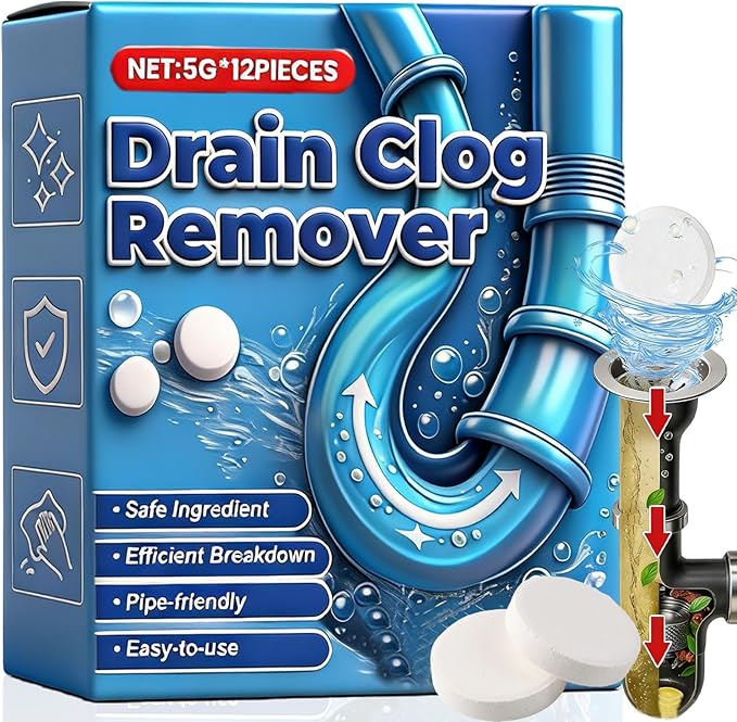Strong Drain Effervescent Tablet for Kitchen & Bathroom Pipes - Quick-Dissolving Drain Clog Remover, Sink and Drains Cleaner, Deodorizer Remove Odor, For Kitchen, Bathroom Care (12PCS)