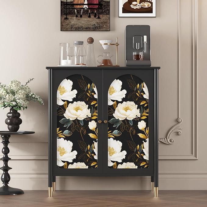 Vintage Dark Floral Wallpaper Peel and Stick, White Peony Flower with Gold Leaf Removable Contact Paper for Bedroom Cabinet Drawer, Boho Botanical Wall Decor Black White Gold 17.5" x 118"