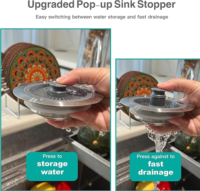 Kitchen Sink Drain Strainer 3 in 1, 304 Stainless Steel Pop Up Sink Stopper, Anti-Clogging Sink Stopper, Kitchen Drain Catcher, Food Catcher for US Standard (Silver Brushed 2#)