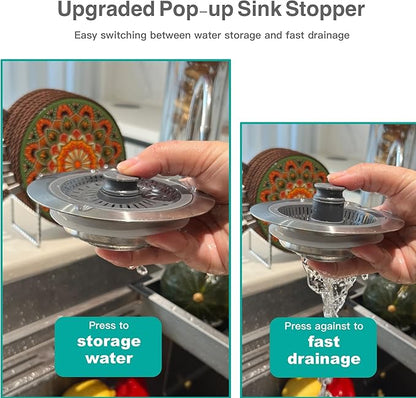 Kitchen Sink Drain Strainer 3 in 1, 304 Stainless Steel Pop Up Sink Stopper, Anti-Clogging Sink Stopper, Kitchen Drain Catcher, Food Catcher for US Standard (Silver Brushed 2#)