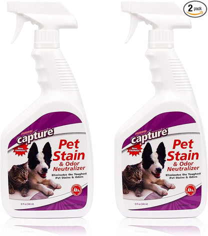 Capture Pet Stain & Odor Remover - Enzyme Pet Odor Eliminator for Home, Carpet Stain Remover for Cats & Dog Pee, Cat Urine Destroyer, Carpet Cleaner Spray - 32oz Portable Spray Bottle (2 Pack)