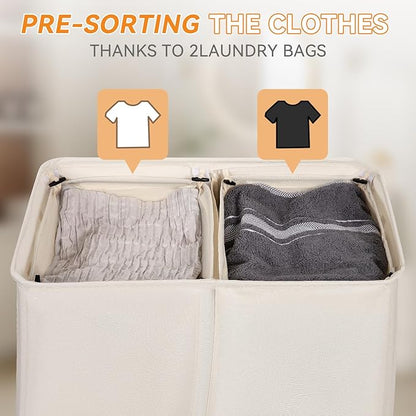 Chrislley 160L Laundry Hamper 2 Section, Double Laundry Basket with Lid, Large Dirty Clothes Hamper with Removable Liner Bags, Collapsible Laundry Organizer for Bedroom, Dorm,Beige
