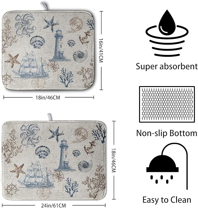 Nautical Coastal Dish Drying Mat for Kitchen Counter Summer Ocean Sailboat Starfish Seashell Absorbent Microfiber Dish Mat Reusable Washable Dish Drainer Rack Mat 18x24 Inch