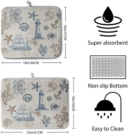 Nautical Coastal Dish Drying Mat for Kitchen Counter Summer Ocean Sailboat Starfish Seashell Absorbent Microfiber Dish Mat Reusable Washable Dish Drainer Rack Mat 16x18 Inch