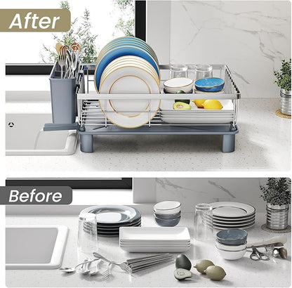 SNTD Dish Drying Rack - Small Dish Rack for Kitchen Counter, Stainless Steel Dish Drainer with Utensil Holder and Drainboard, 11" W x 15" L (Silver)