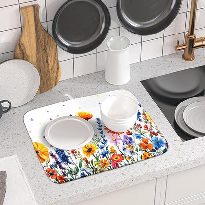 Watercolor Flower Dish Drying Mat 16x18 Inch Floral Butterfly Dish Drainer Protector Pad Washable Reversible Kitchen Counter Dish Dry Pad