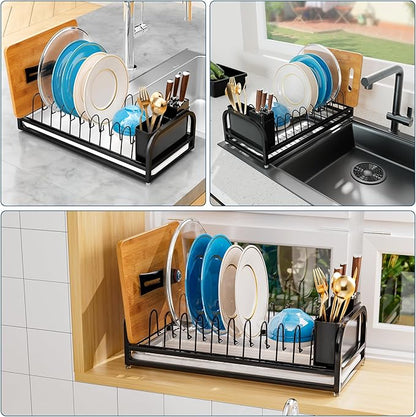 Black Dish Drying Rack Small for Kitchen Counter, 304 Stainless Steel Dish Rack w Tray & Cutlery Holder, Narrow Dish Drainer for Pots & Pans, Cutting Boards, Plates & Lids