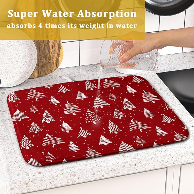 Christmas Dish Drying Mat 18 x 24 Inch With Absorbent Reversible Microfiber Red Xmas Tree Snowflake Drying Mats Winter Holiday Dish Drainer Mat Fast Dry For Kitchen Dining Room Decoration