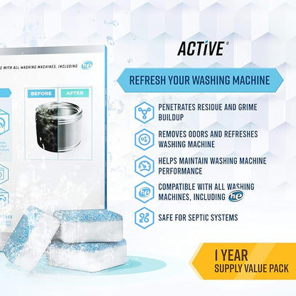 ACTIVE Washing Machine And Dishwasher Cleaning Tablets Bundle - Includes 12 Month Supply Dishwasher Cleaner Deodorizer & Washing Machine Descaler Deep Cleaning Tablets - 48 Tablet Set