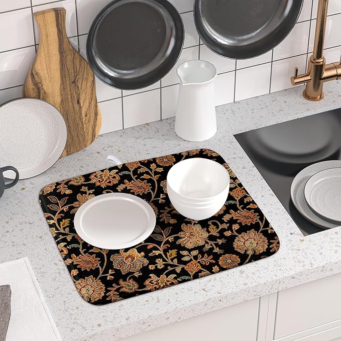 Vintage Tapestry Floral Dish Drying Pad 16 x 18 Inch With Absorbent Reversible Microfiber Black Brown Boho Carpet Flowers Drying Mats Dish Drainer Mat Fast Dry For Kitchen Dining Room Decoration