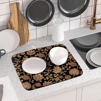 Vintage Tapestry Floral Dish Drying Pad 16 x 18 Inch With Absorbent Reversible Microfiber Black Brown Boho Carpet Flowers Drying Mats Dish Drainer Mat Fast Dry For Kitchen Dining Room Decoration