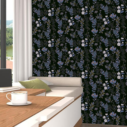 Fvlow Black Blue Floral Wallpaper Peel and Stick Boho Blue Purple Leaf Contact Paper 17.4" X 118" Vintage Wallpaper Waterproof Self-Adhesive Dark Wall Covering for Bedroom Countertop Desk Cabinets
