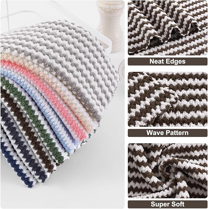 Homaxy 12 Pack Kitchen Dish Cloths, Ultra Soft and Absorbent Dish Towels, Reusable Fast Drying Microfiber Cleaning Cloth, Coral Velvet Wave Design No-lint, 10 x 10 inches, Brown