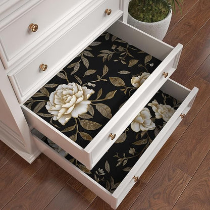 Laatse Floral Wallpaper Peel and Stick, Golden/White Flowers Contact Paper 17.5" x 393.7", Black Botanical Wall Paper Self Adhesive Waterproof Removable for Room Shelves Cabinet Drawer Table Decor