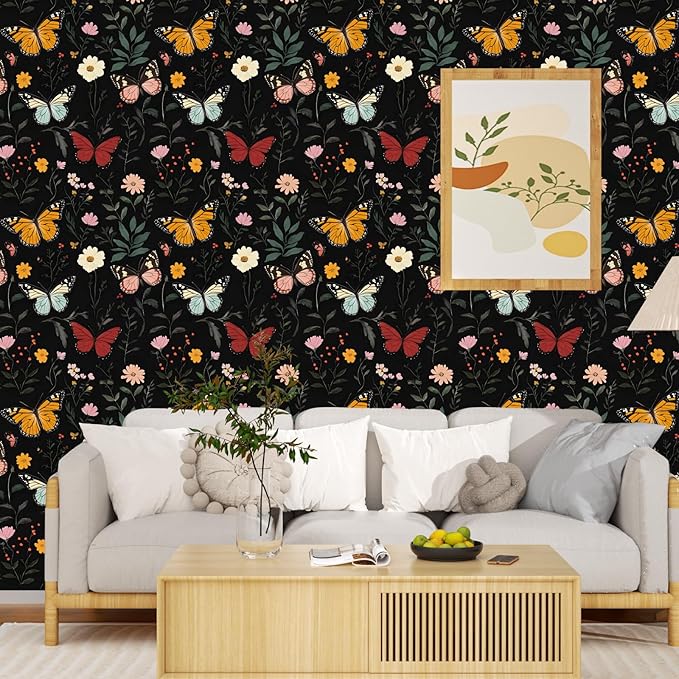 Dark Butterfly Wallpaper Peel and Stick, Vintage Black Butterfly Floral Self Adhesive Removable Wall Paper for Nursery Bedroom Cabinet, Vinyl Boho Colorful Contact Paper Decor 17.5In x 118In